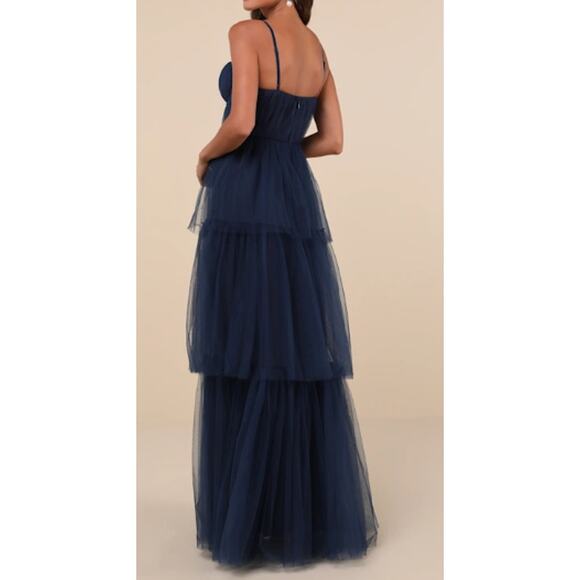 LULU'S XS Unforgettable Poise Navy Blue Tulle Bustier Tiered Maxi Dress NEW B117 - Picture 2 of 9